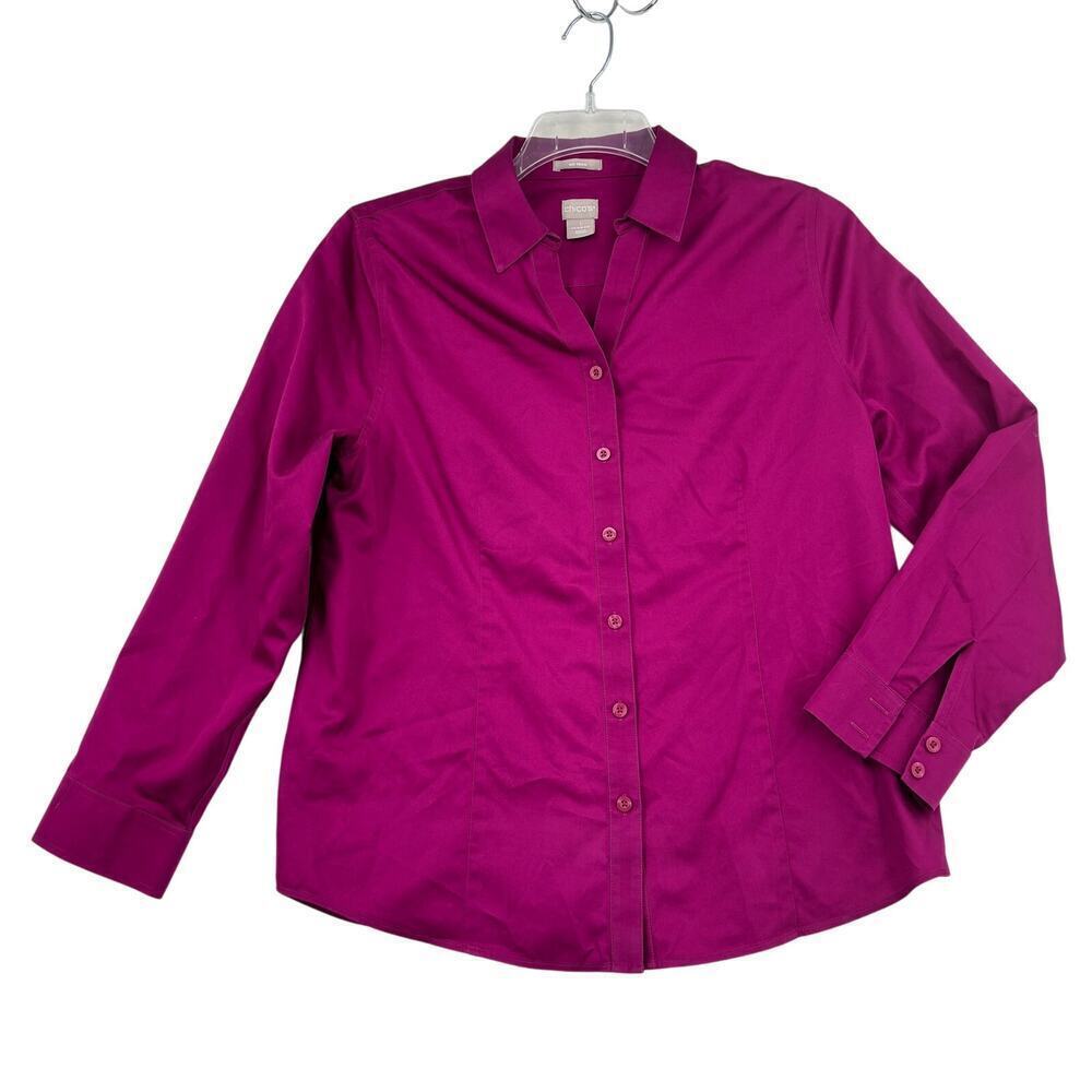 Chico's Blouse Womens Size M Raspberry Red No Iron Button Up 100% Cotton